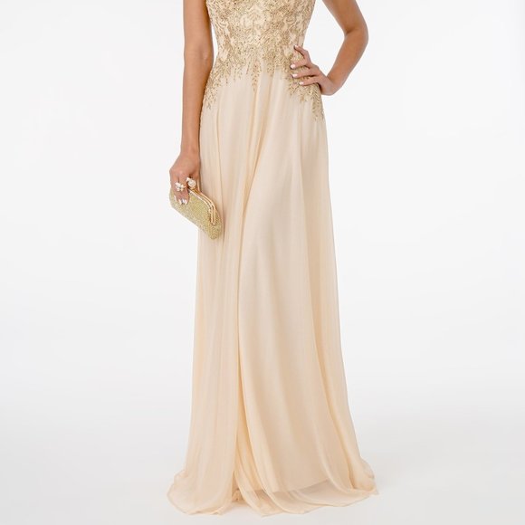 CHAMPAGNE Mother of Bride Embroidered Bodice V-Neck Long Dress w/ V-Back GL1826 - Picture 6 of 7